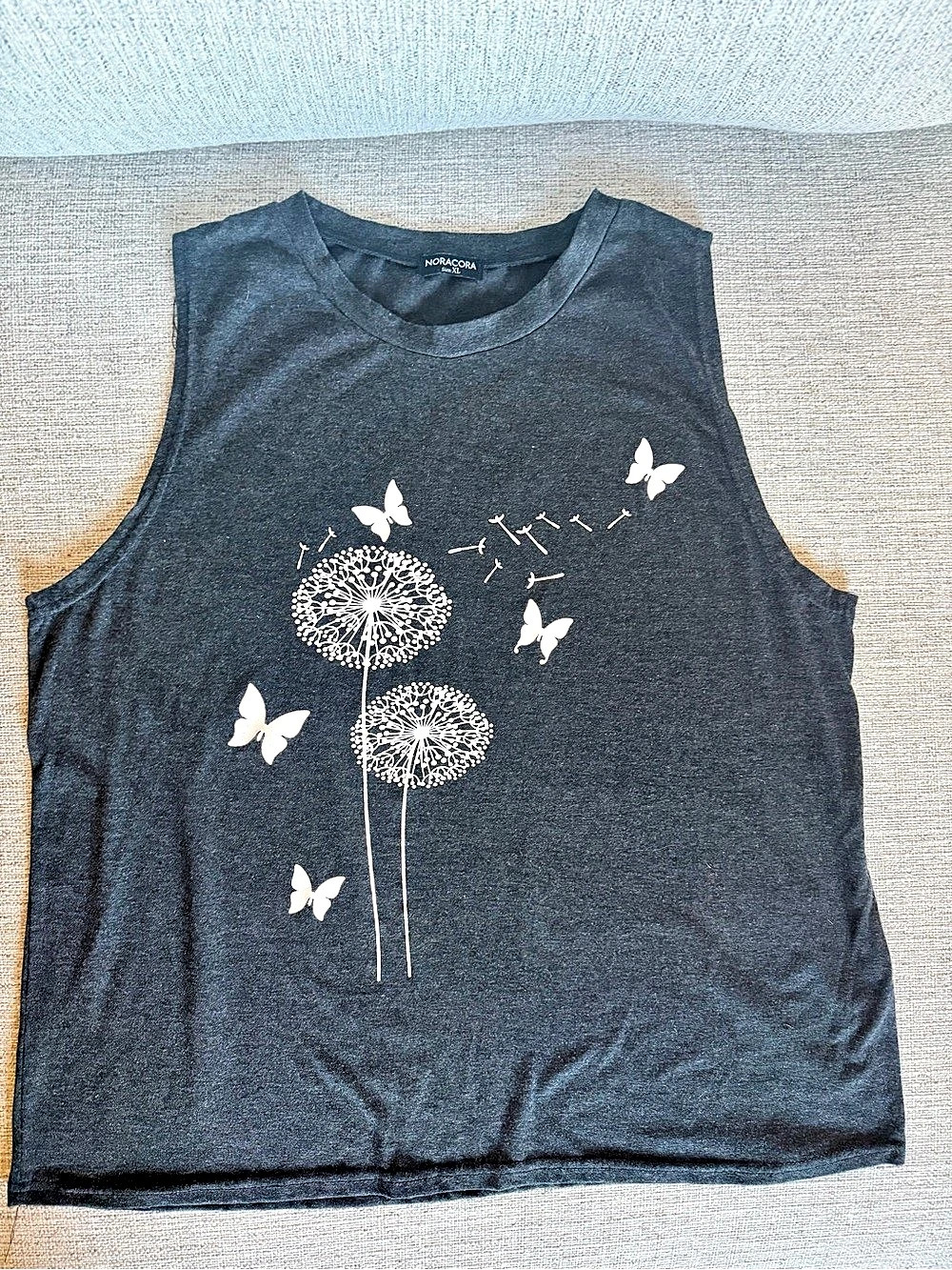 Noracora Dandelion Butterfly Graphic Muscle Tank Charcoal Gray XL